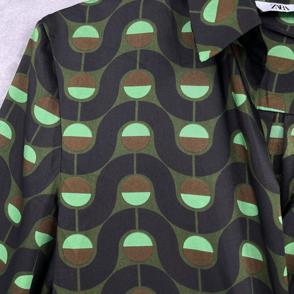 Zara Retro Printed Twill Wrap Shirt Midi Dress Disco Long Sleeve - Picture 3 of 15